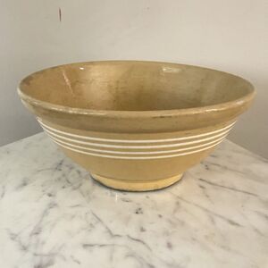 Antique 1900s Yellow Ware White Banded Mixing Bowl Country Cottage Kitchen 9”